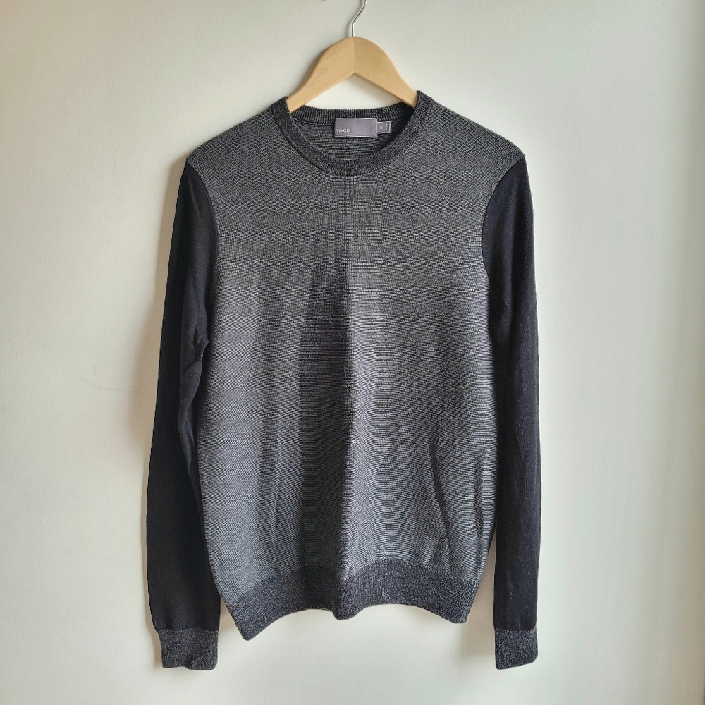VINCE. Birdseye Contrast Sleeve Pullover Knit Wool Sweater Black Medium